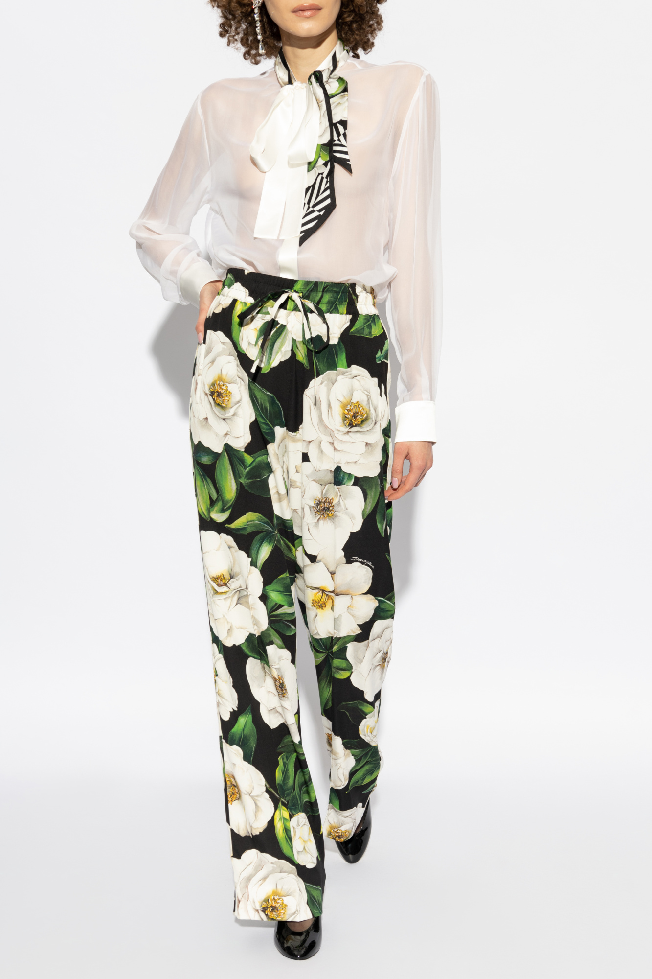 パンツ Dolce & Gabbana PANTS WITH FLORAL PRINT (FTC3VT_HI1REHH4YF) Floral high-rise silk wide-leg pants in white - Dolce
